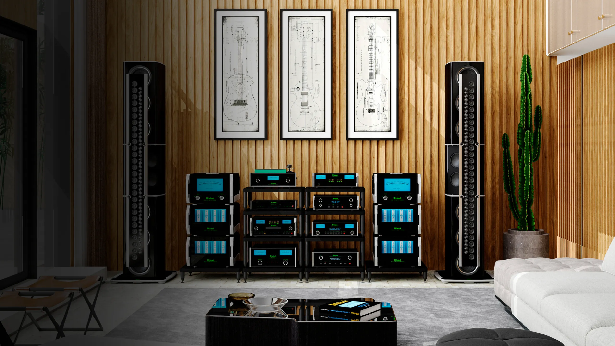 McIntosh XRT2.1K loudspeakers and McIntosh amplifier stack in a wood-panelled listening room — Made For Each Other event at LMC Scottsdale