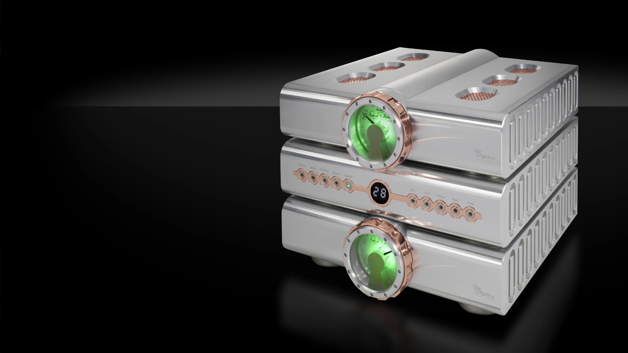 Dan D'Agostino Relentless amplifier stack with copper-ringed green power meters — Neo & Z: An Evening with the Designer, October 8, 2026 at LMC Scottsdale