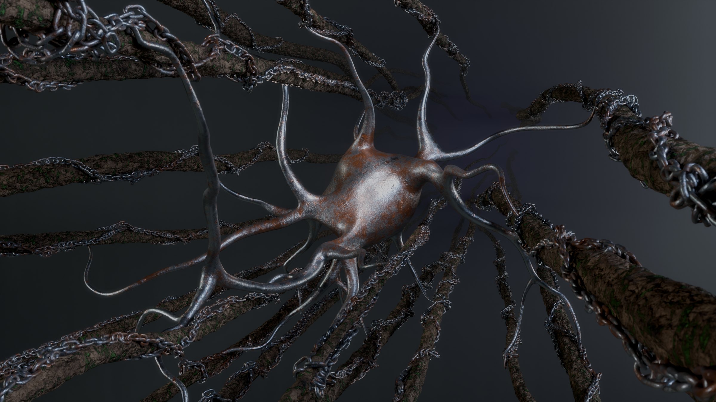 Stylised three-dimensional render of an oligodendrocyte cell body extending processes across a field of axons, rendered like branches in a landscape.