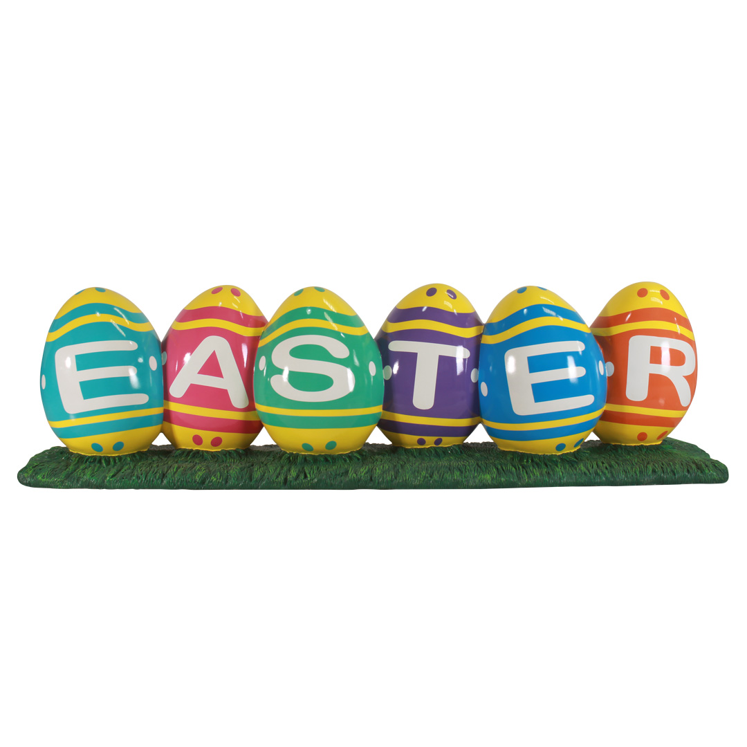 Six brightly colored Easter eggs spelling EASTER on green grass.