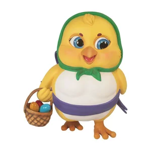 Cartoon yellow chick wearing a green headscarf and purple belt, holding a basket of colorful Easter eggs.