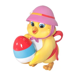 Yellow chick wearing a pink hat, holding a large red, blue, and white Easter egg.