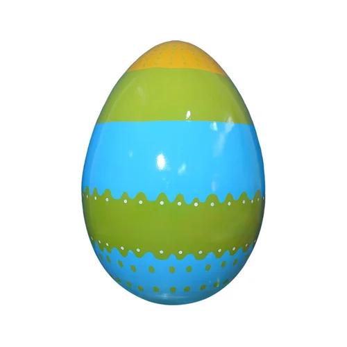 Oval egg decorated with orange, green, and blue horizontal stripes with dots.