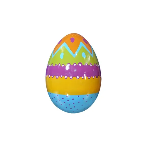 Colorful Easter egg with orange, green, purple, yellow, and blue zigzag and dot patterns.