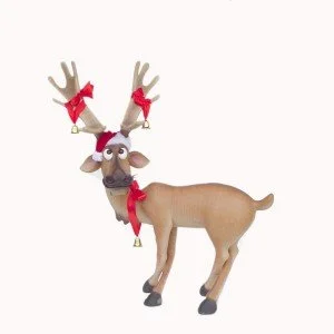 Cartoon reindeer decoration with red bows, santa hat, and small bells on its antlers and neck.