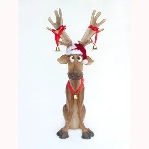 Cartoon reindeer with a red Santa hat, bells on antlers and collar, on a white background.