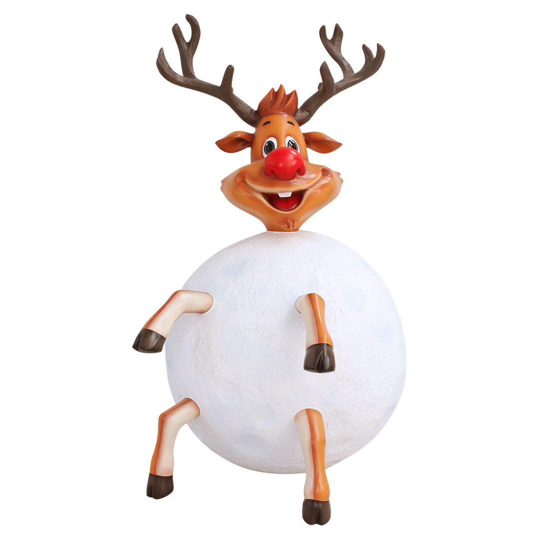 Silly cartoon reindeer with red nose and antlers inside a large white snowball, smiling.