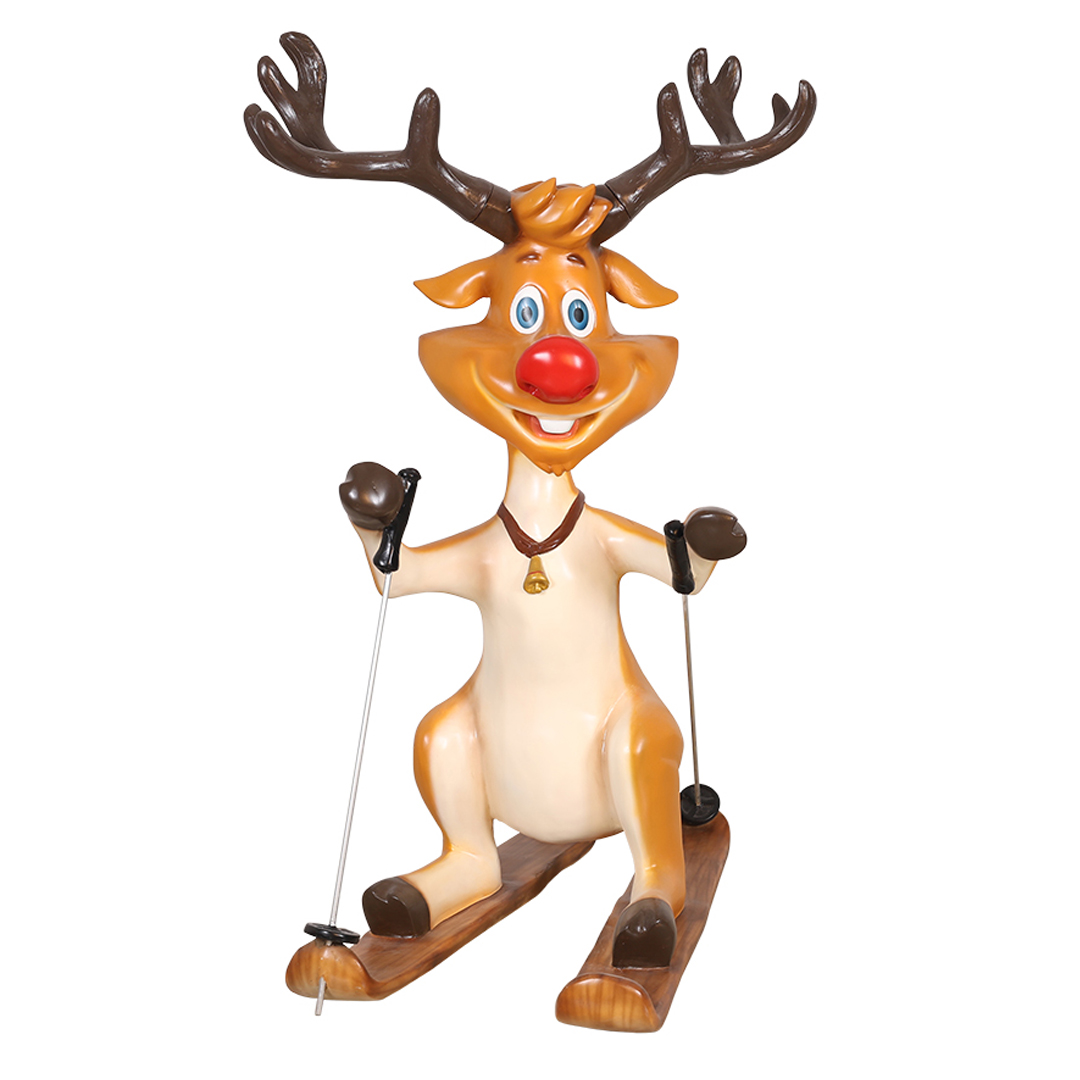 Cartoon reindeer with red nose skiing on wooden skis and holding ski poles.