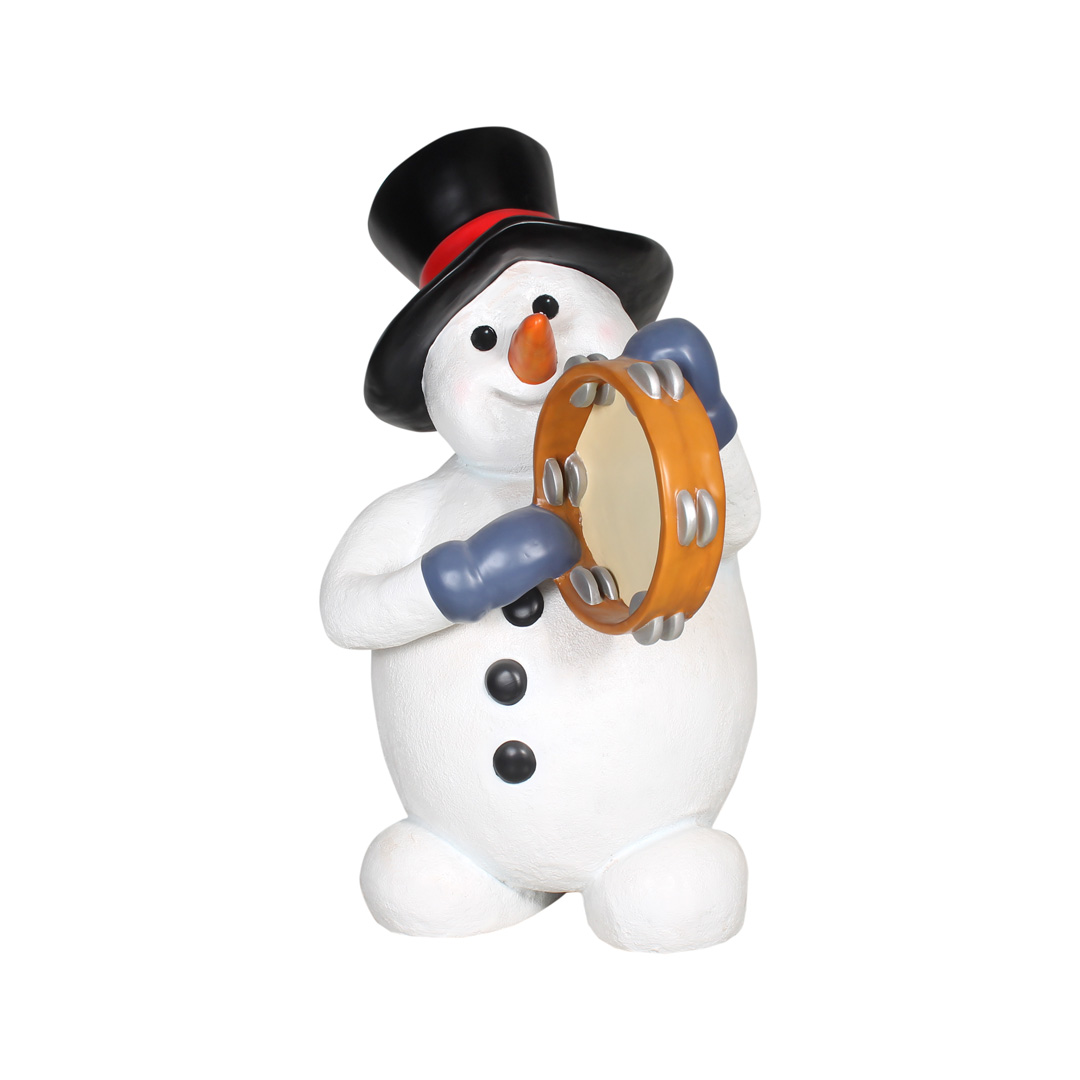 Snowman figurine wearing a black top hat and blue gloves playing a tambourine.