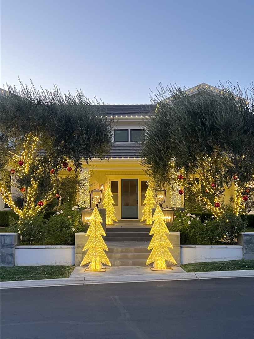 House entrance walkway decorated with illuminated Christmas trees, string lights, and red ornaments.