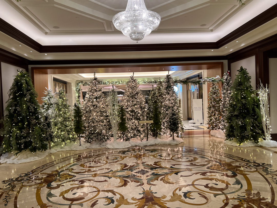 Indoor display of decorated Christmas trees with lights on a glossy patterned floor under a large chandelier.