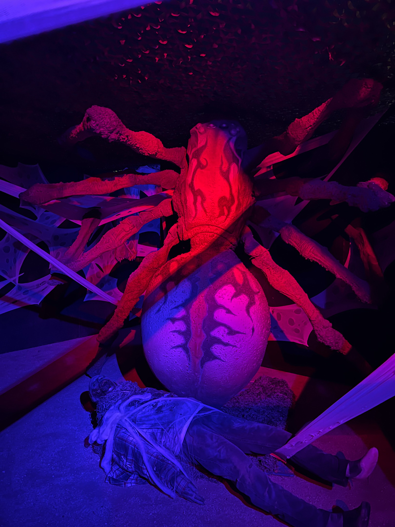 Massive red and purple spider looming over a figure wrapped in spider webs on the ground.