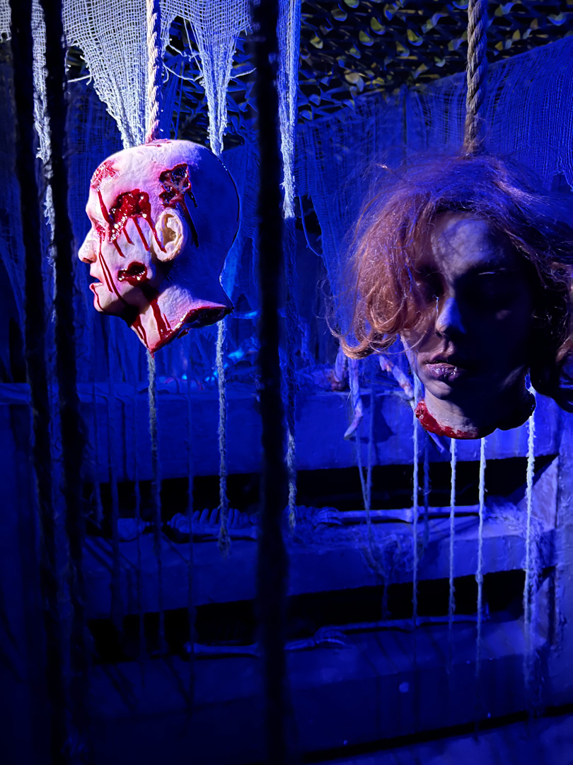 Two realistic severed heads hanging by ropes in a dark, blue-lit spooky setting with torn nets.