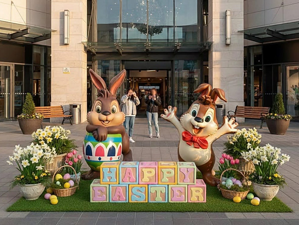 Two large Easter bunny statues with flowers and eggs around blocks spelling Happy Easter.