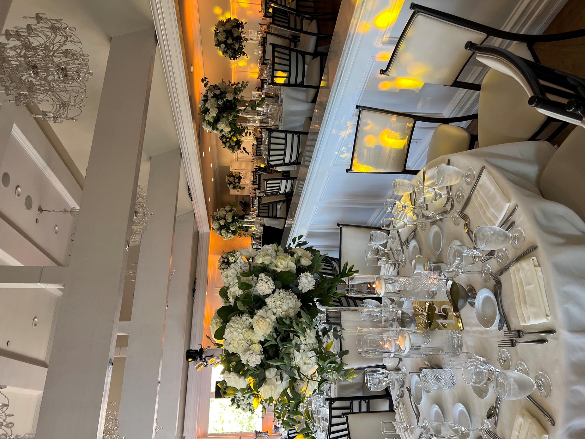 Elegant ballroom reception with tall white floral centerpieces, candlelit tables, crystal chandeliers, and warm amber lighting.