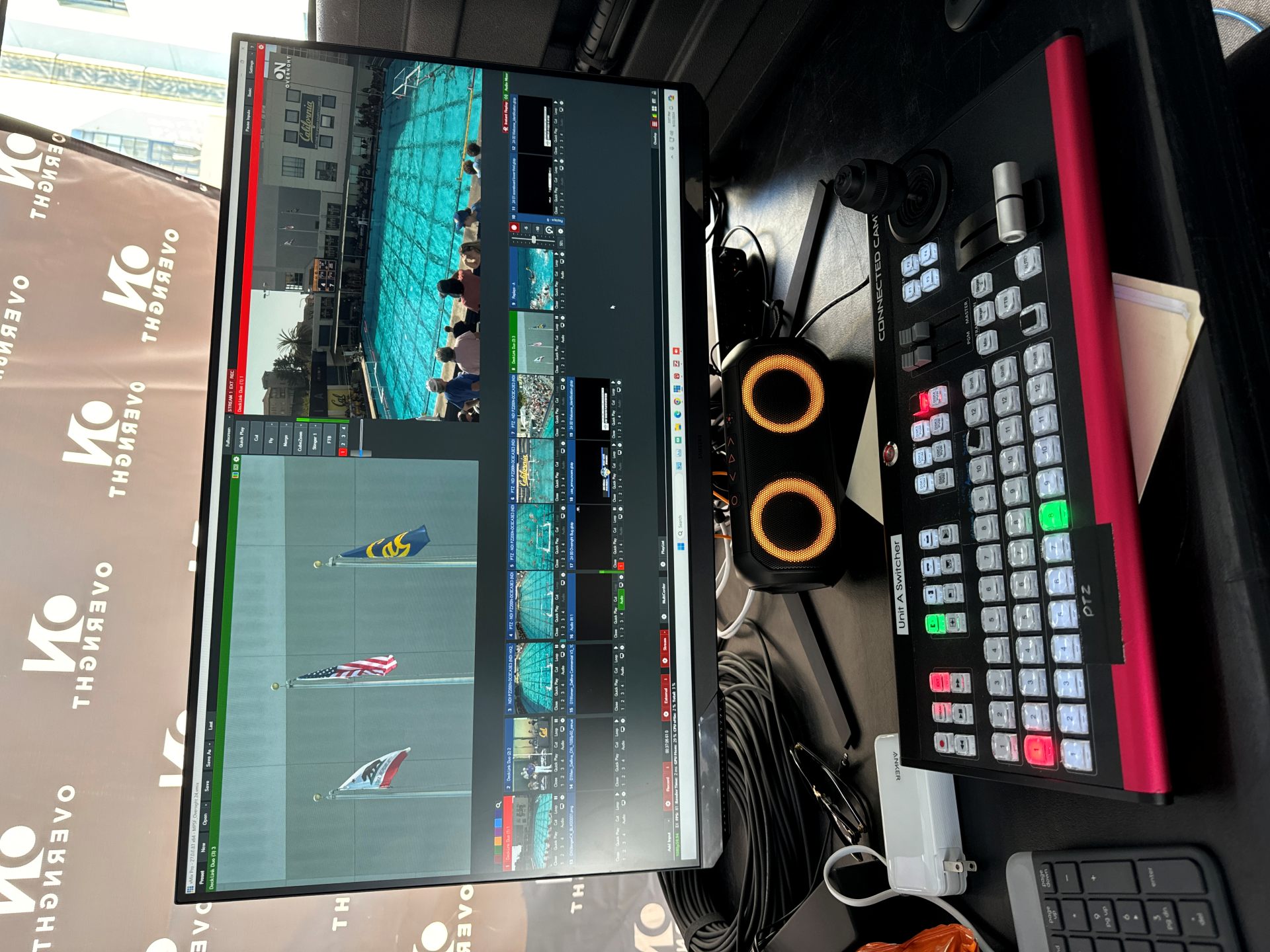 Computer monitor and multi-camera switcher interface.