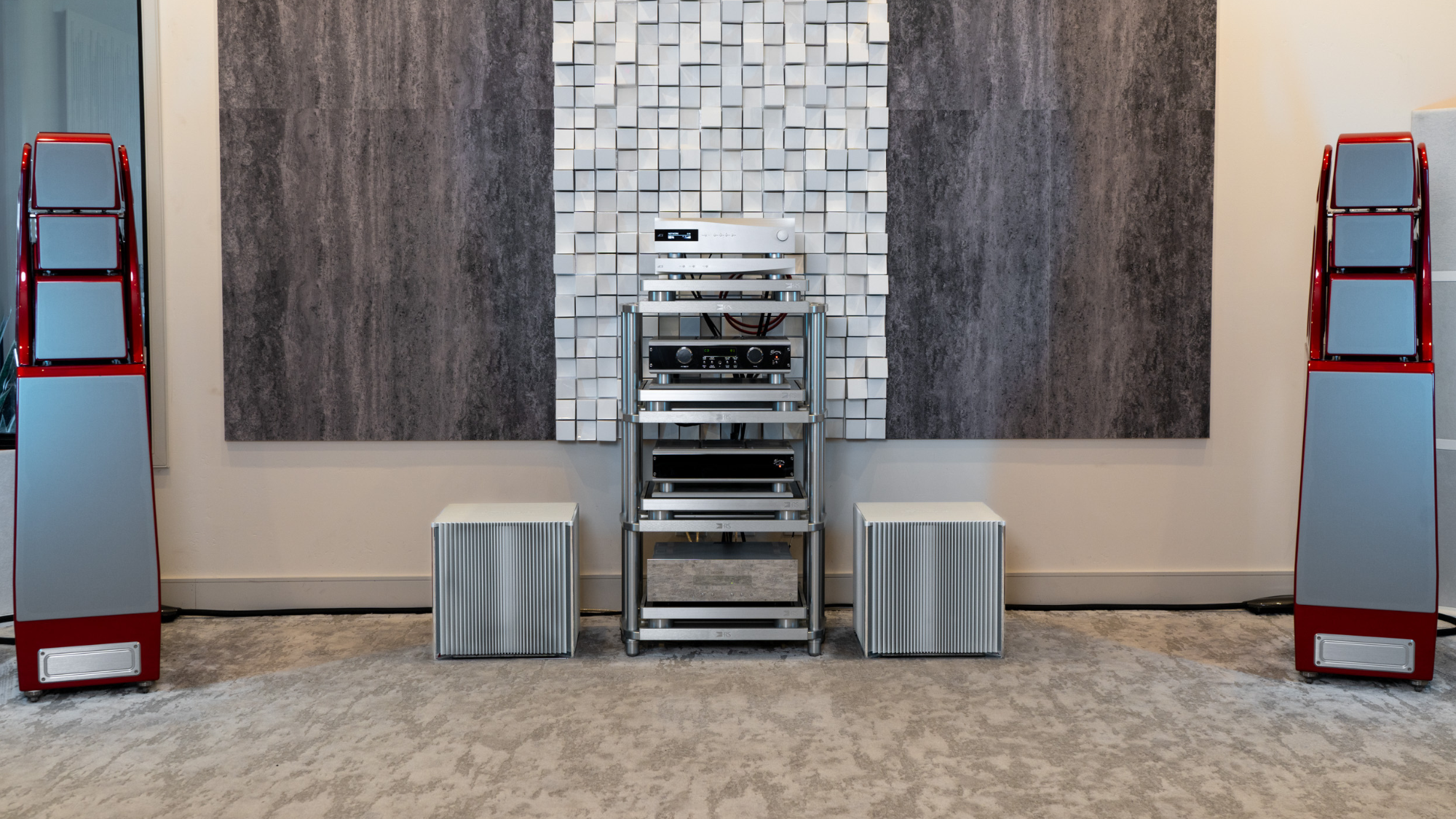 Burmester 259 Power Amplifier stack flanked by Wilson Audio speakers at LMC Scottsdale