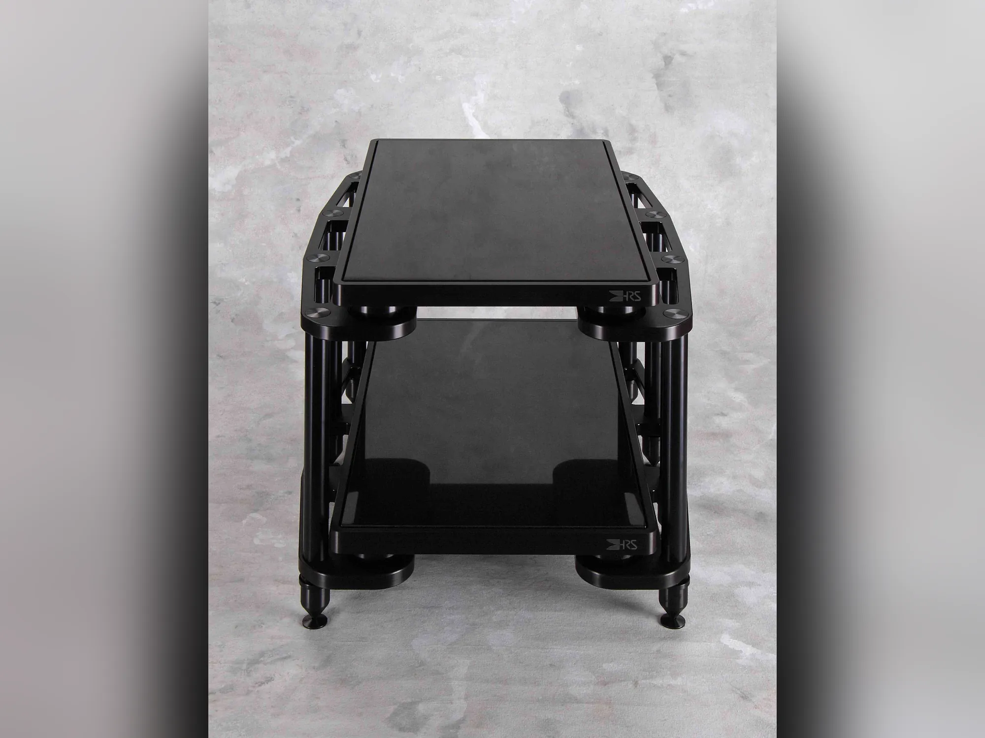 HRS SXRC Audio Stand in black, two amplifiers stacked on M3X2 Isolation Bases