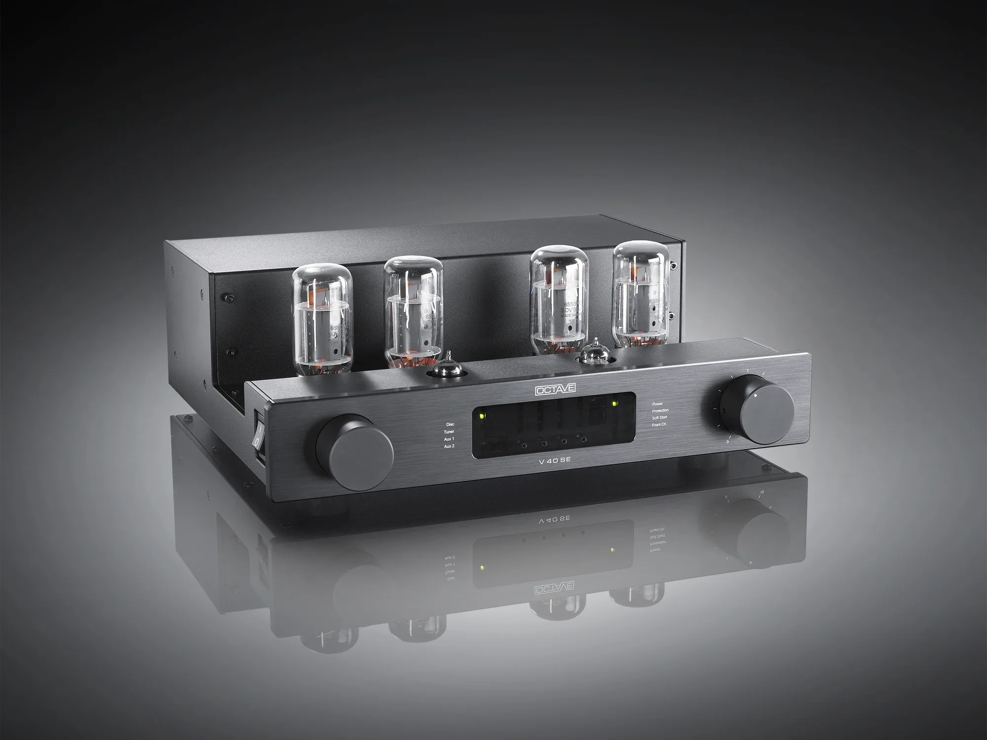 Octave V 40 SE integrated amplifier in black with tubes exposed, diagonal view