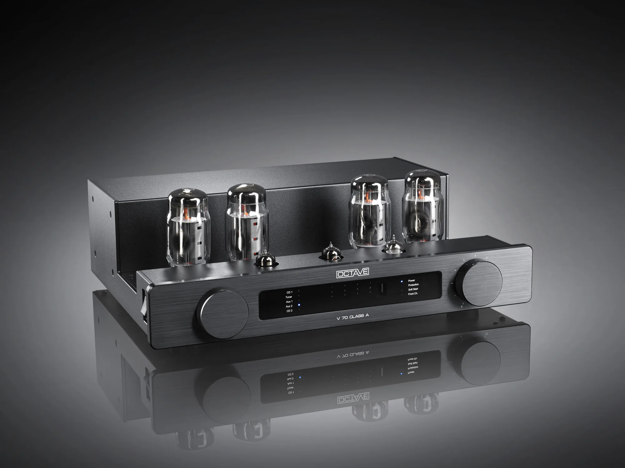 Octave V 70 Class A integrated amplifier in black with tubes exposed