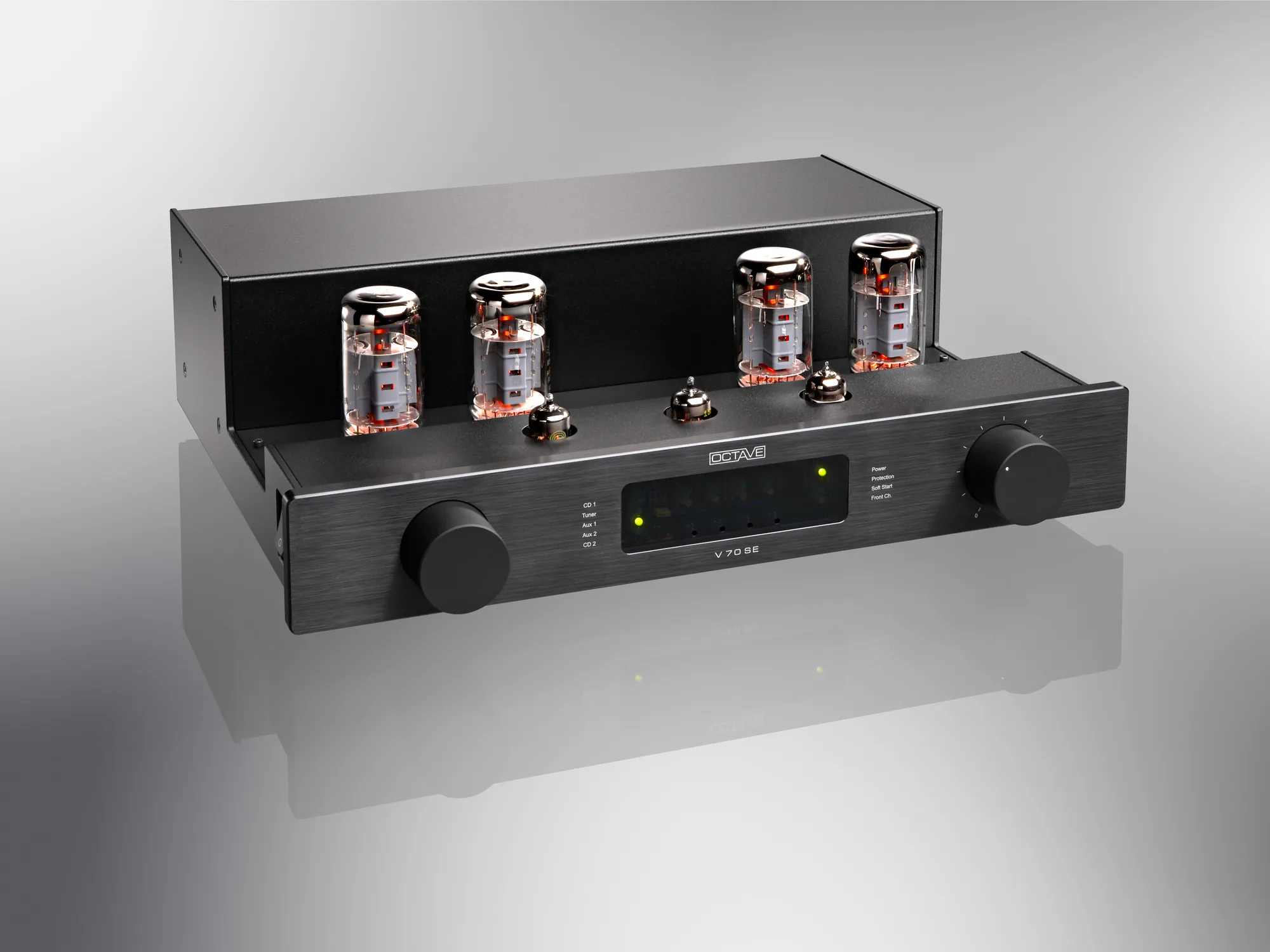 Octave V 70 SE integrated amplifier in black with tubes exposed, diagonal view