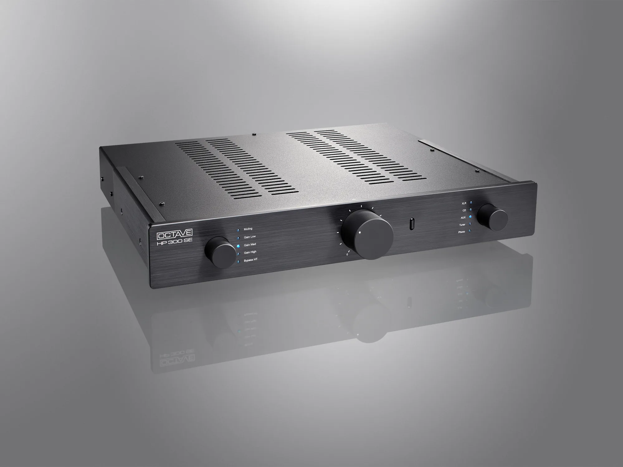 Octave HP 300 SE preamplifier in black, front three-quarter view