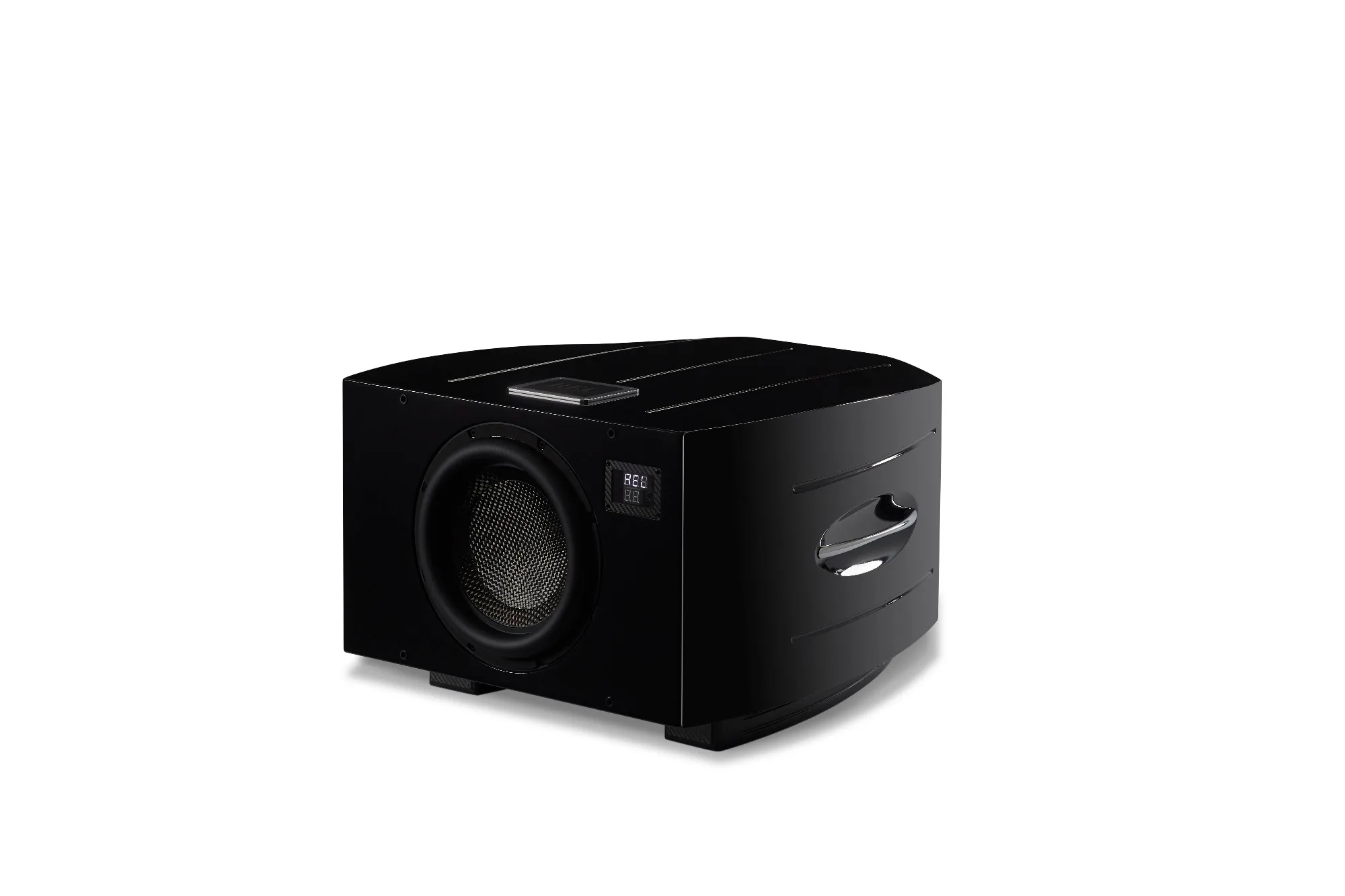 REL Acoustics No.31 Reference Series subwoofer, three-quarter view in piano black lacquer