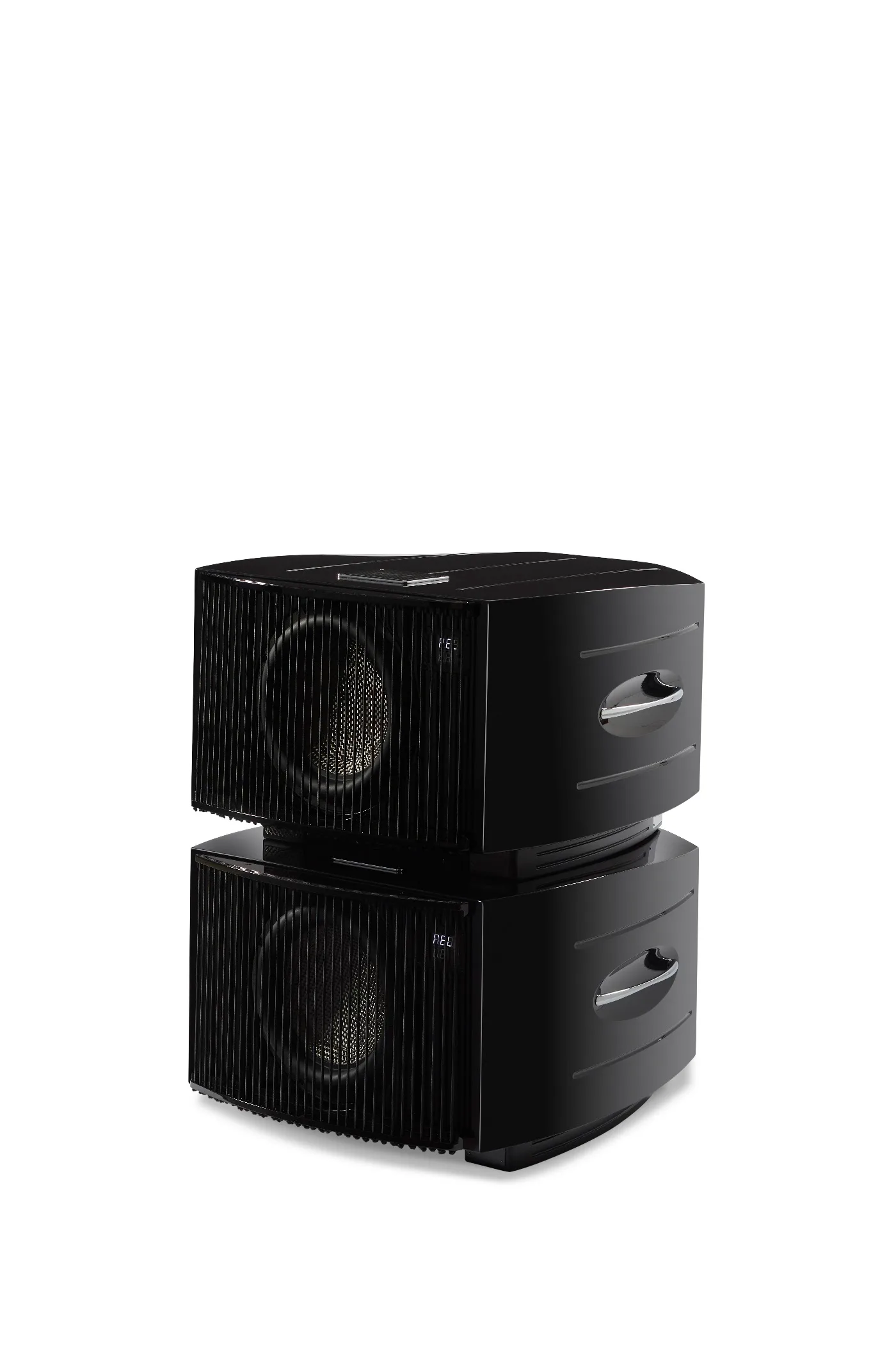 REL Acoustics No.31 subwoofers stacked in a Line Array with grilles fitted