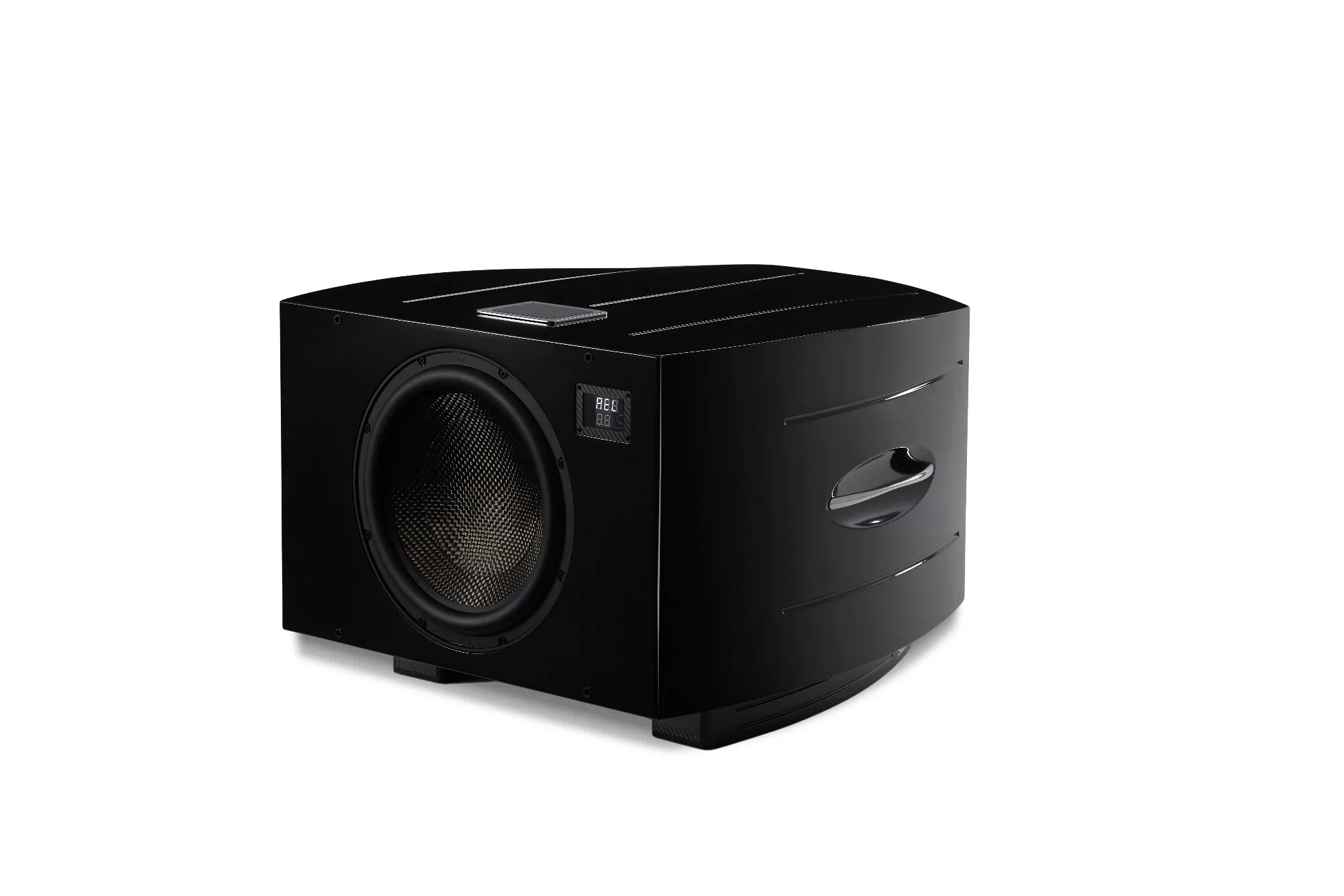 REL Acoustics No.32 flagship Reference Series subwoofer, three-quarter view in piano black lacquer