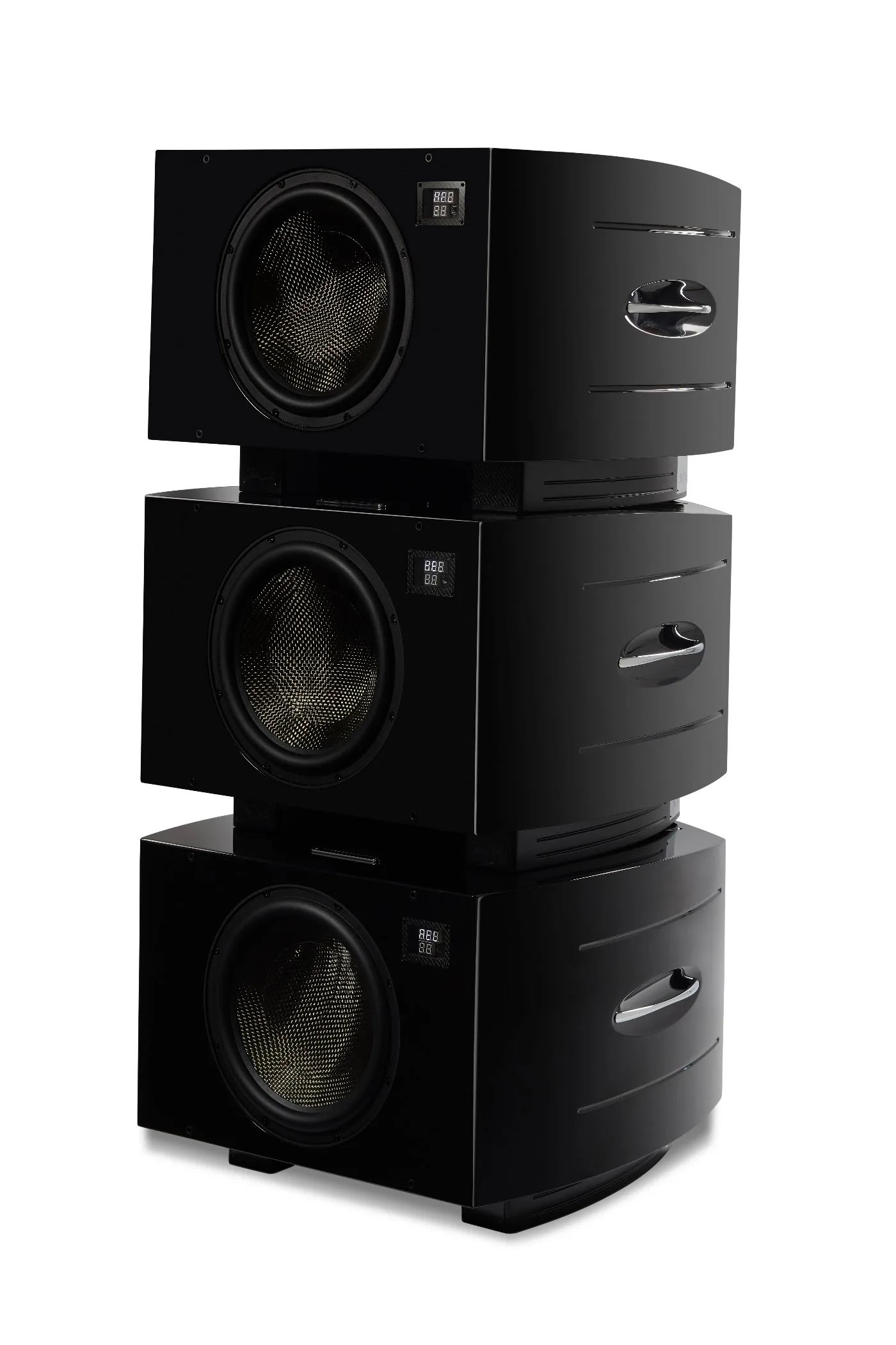 Three REL Acoustics No.32 subwoofers stacked in a Line Array configuration