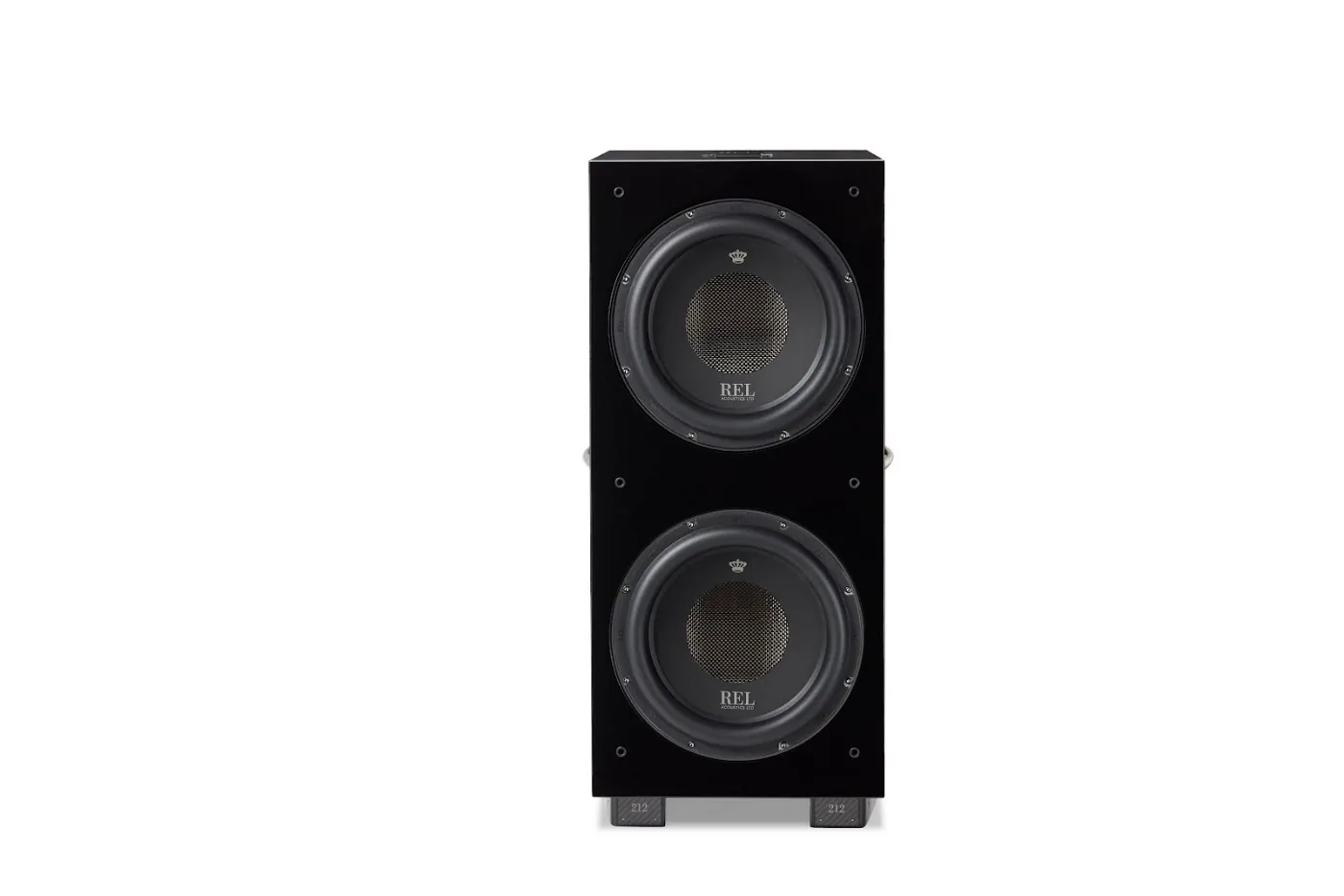 REL Acoustics 212 Black Label front view showing the twin 12-inch active drivers