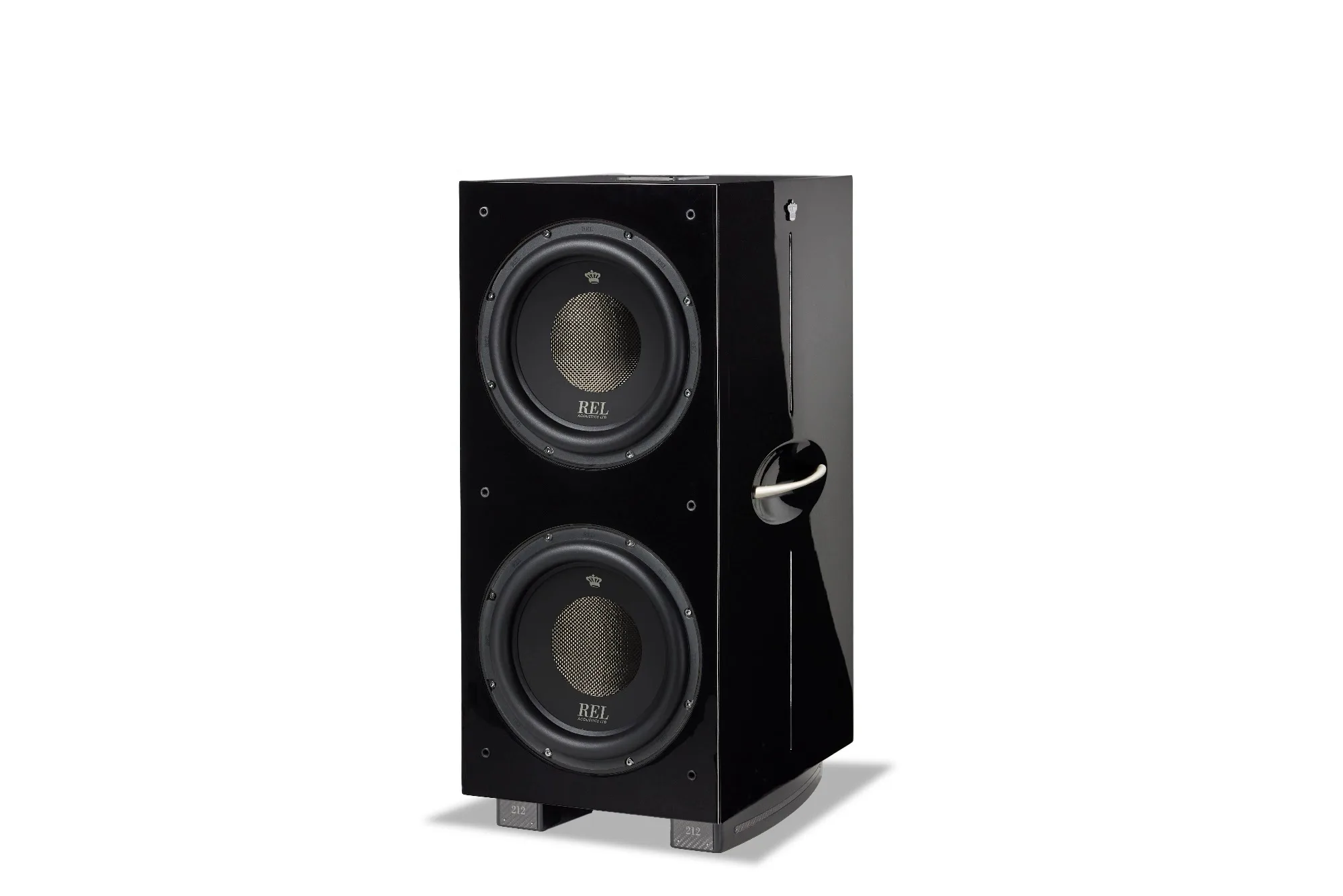 REL Acoustics 212 Black Label subwoofer, three-quarter view in hand-rubbed piano black lacquer