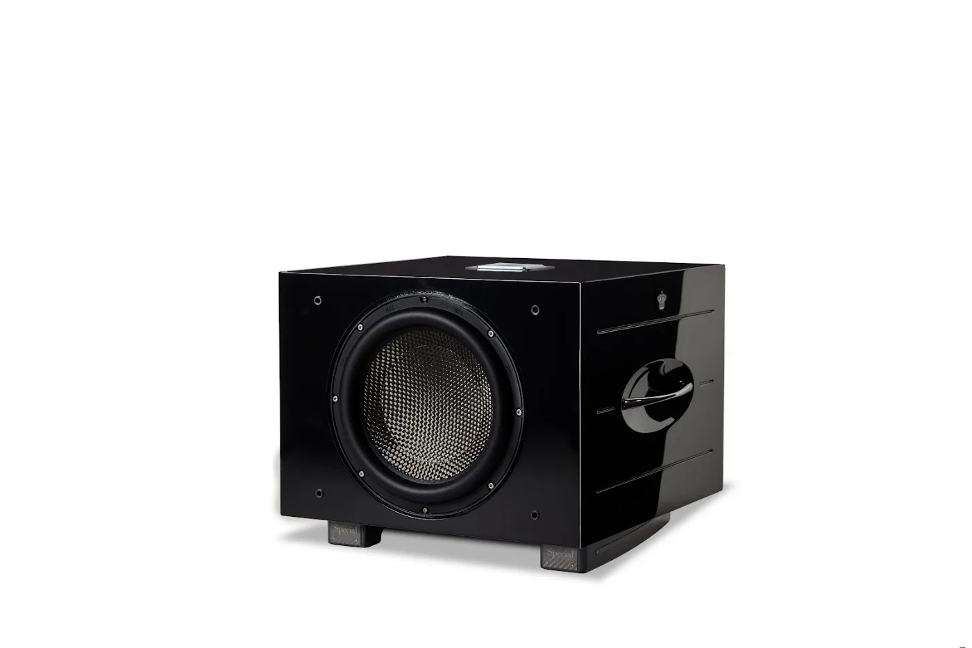 REL Acoustics Carbon Special Black Label with the grille removed, showing the pure carbon fibre driver
