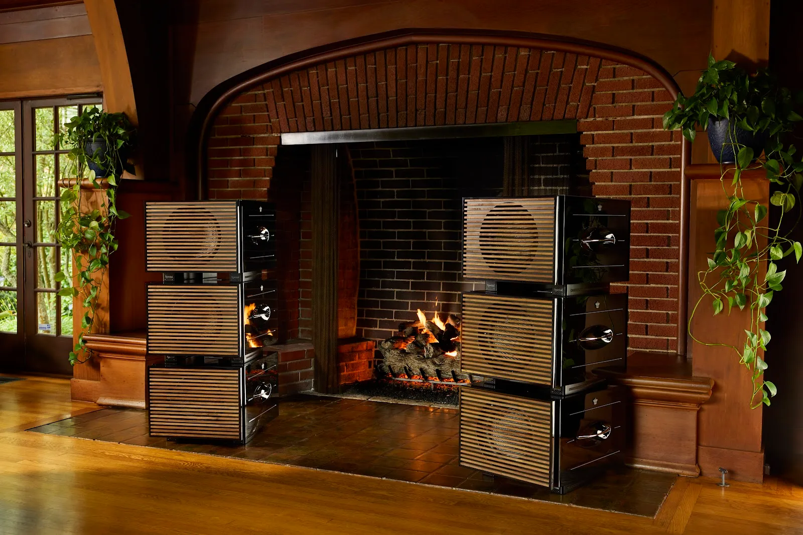 REL Acoustics Carbon Special Black Label subwoofers stacked in a Line Array