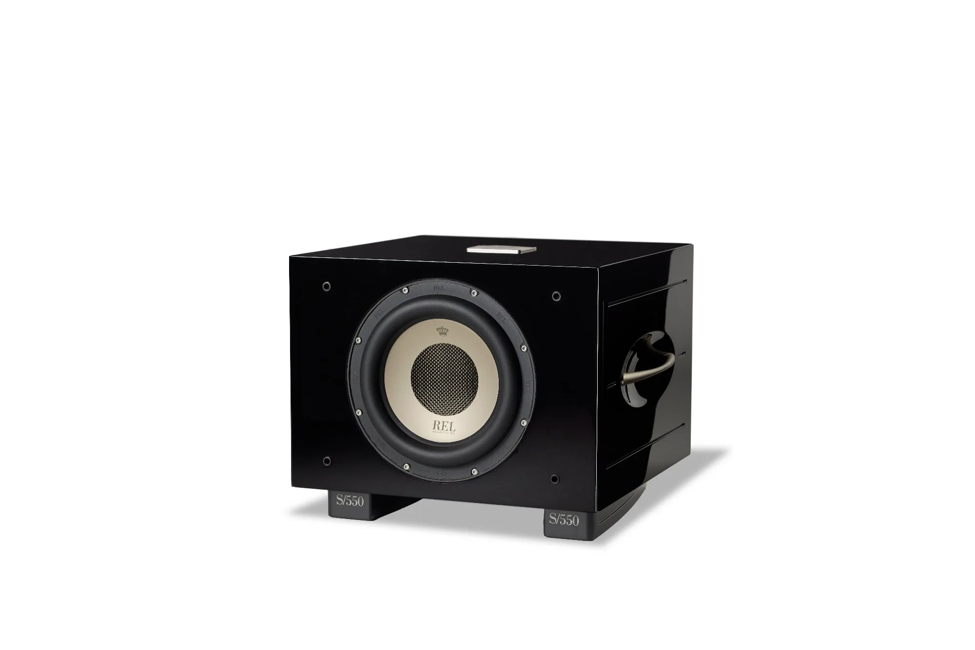 REL Acoustics S/550 Serie S subwoofer in black high-gloss, three-quarter view