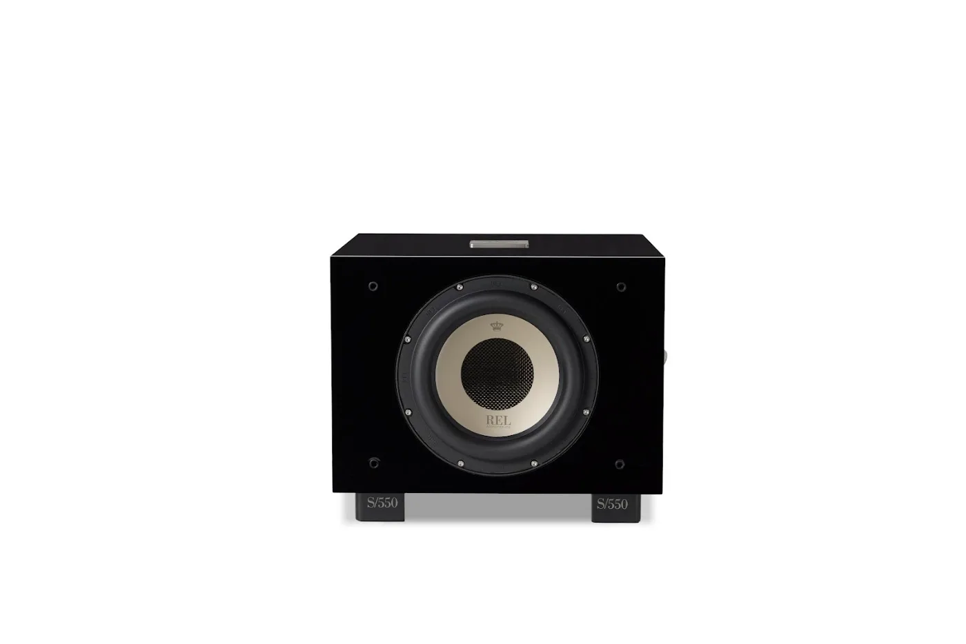REL Acoustics S/550 front view showing the 10-inch CarbonAlloy driver