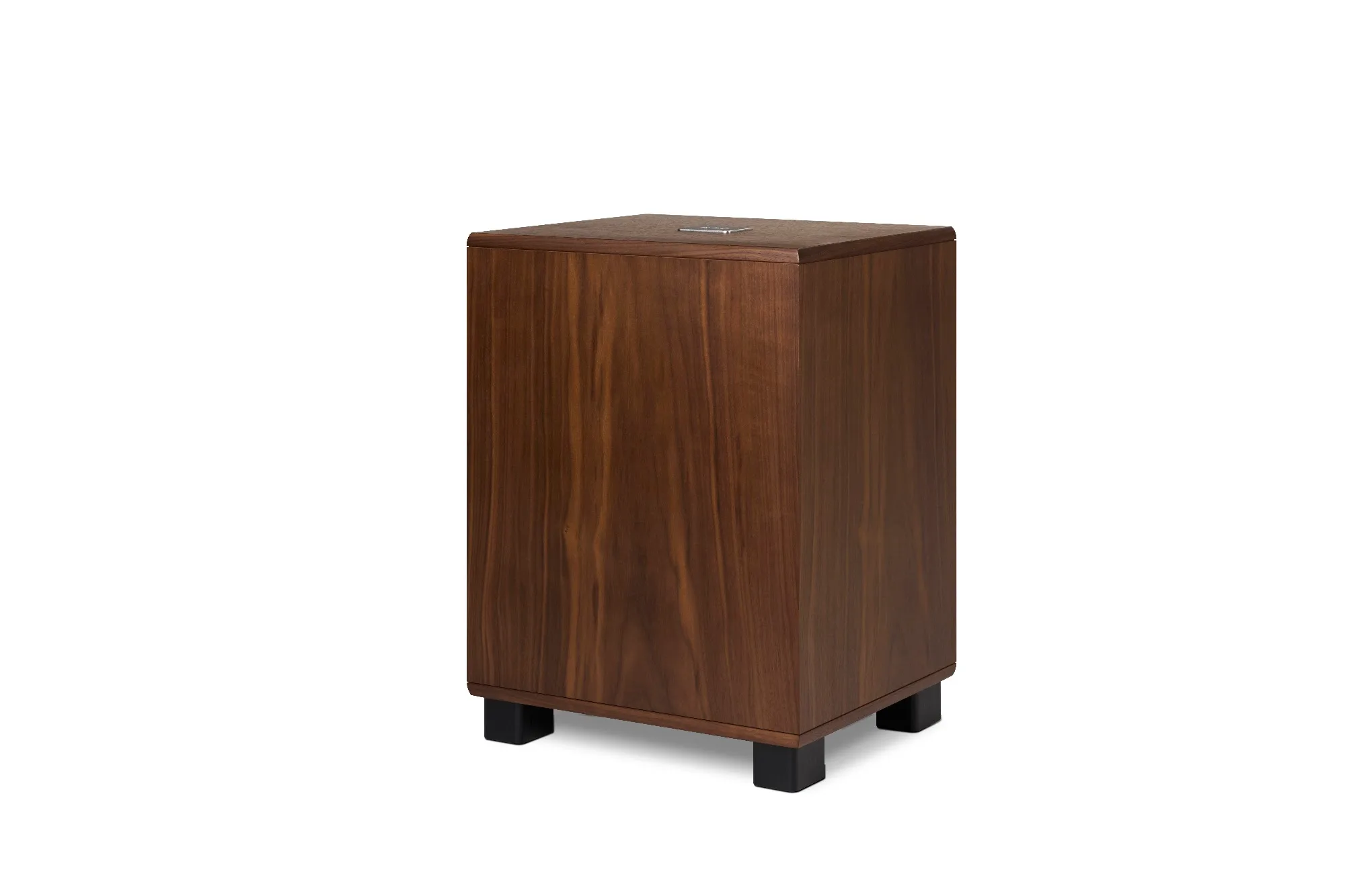 REL Classic 99 subwoofer in dark walnut veneer, three-quarter view