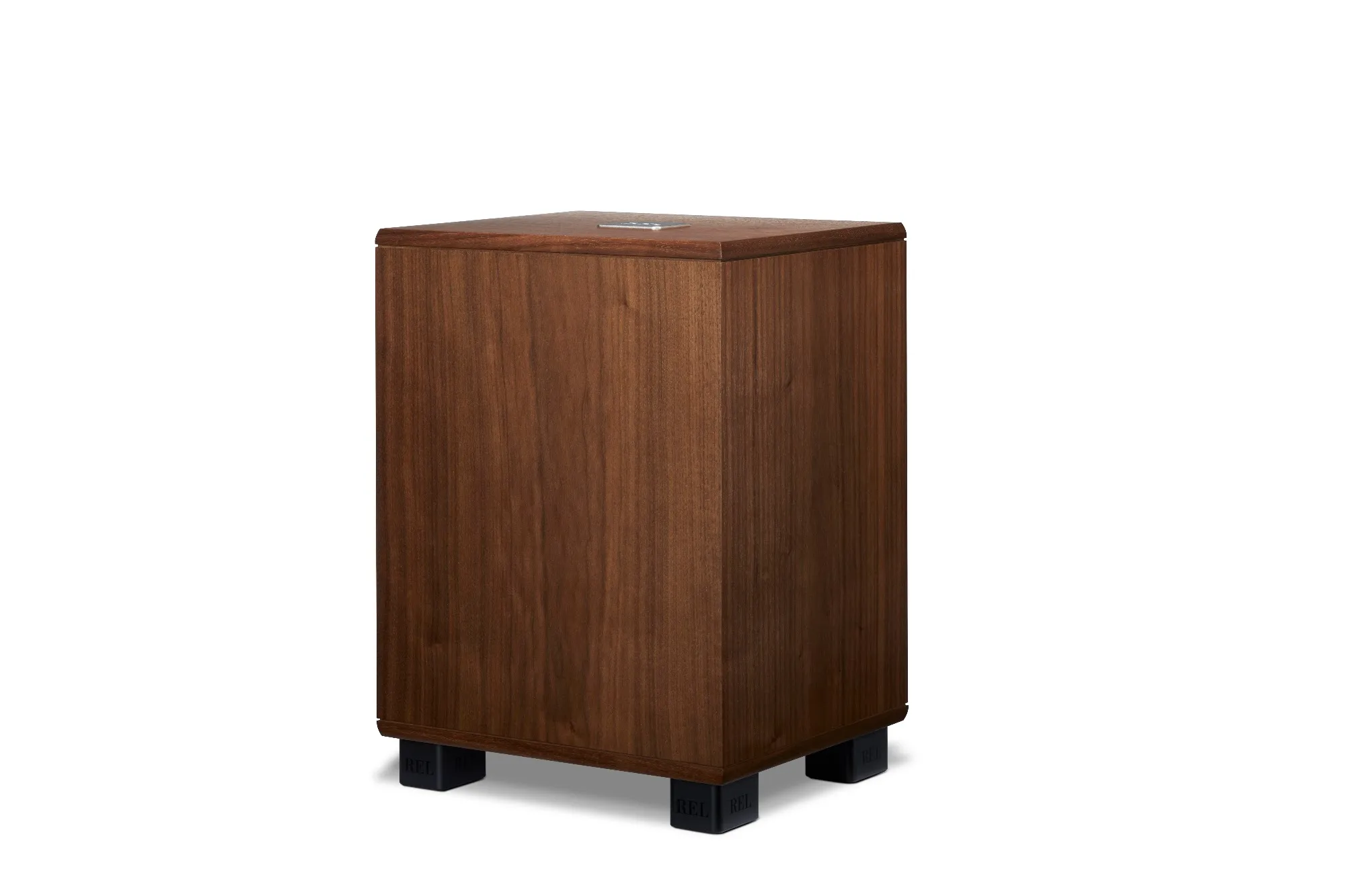 REL Classic 98 subwoofer in natural walnut veneer, three-quarter view