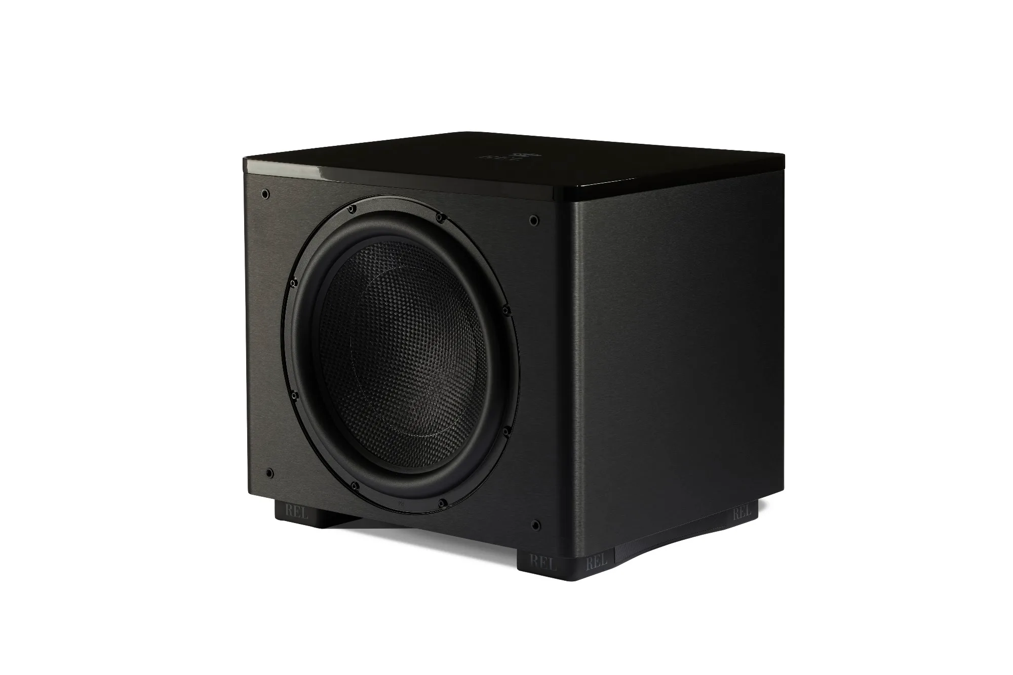 REL HT/1510 Predator home theatre subwoofer in gloss black, three-quarter view