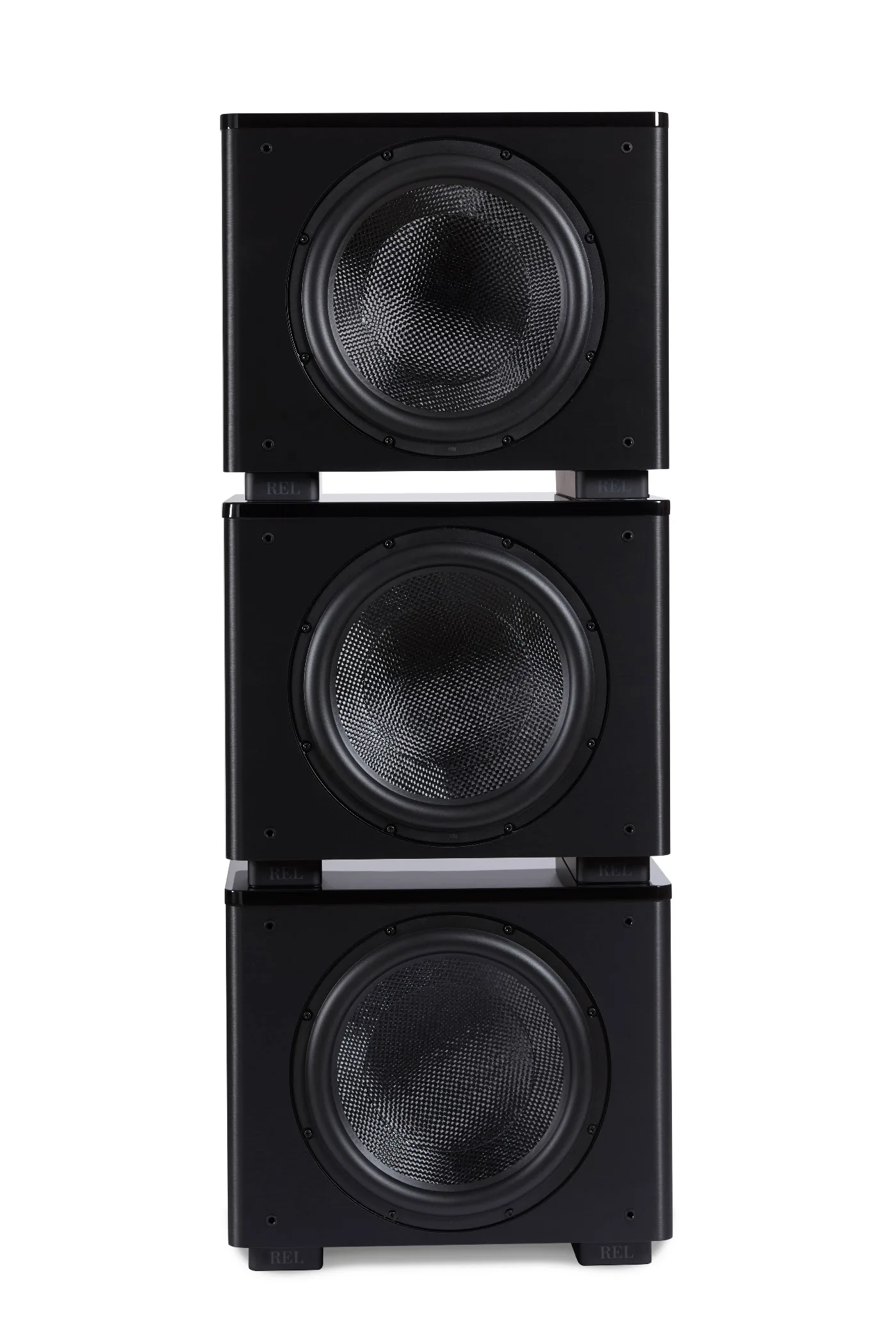 REL HT/1510 Predator subwoofers stacked vertically in a line array