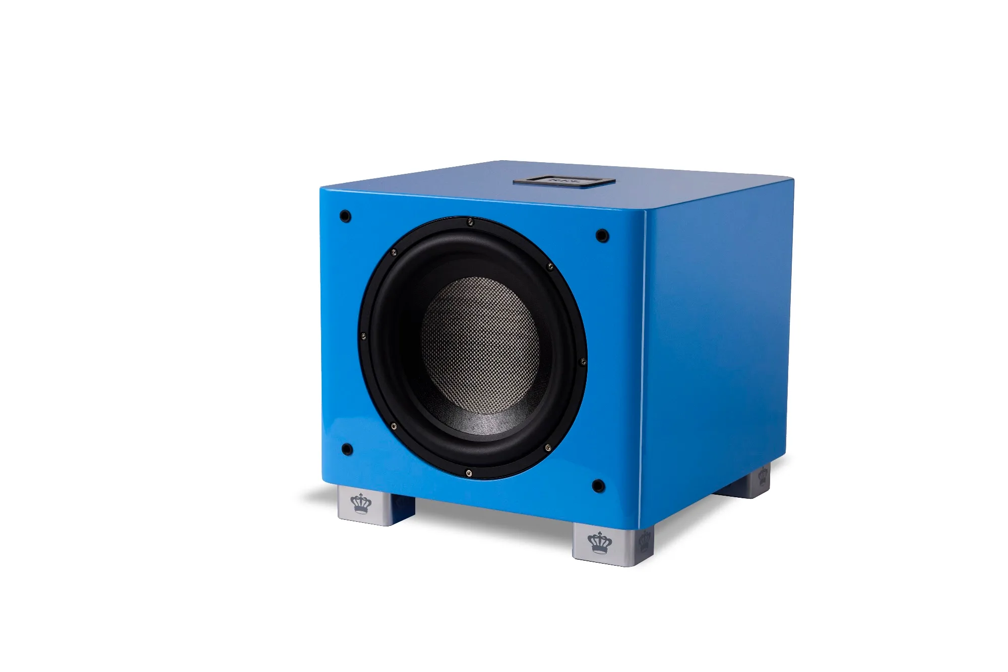 REL T/9x SE subwoofer in French Racing Blue, three-quarter view