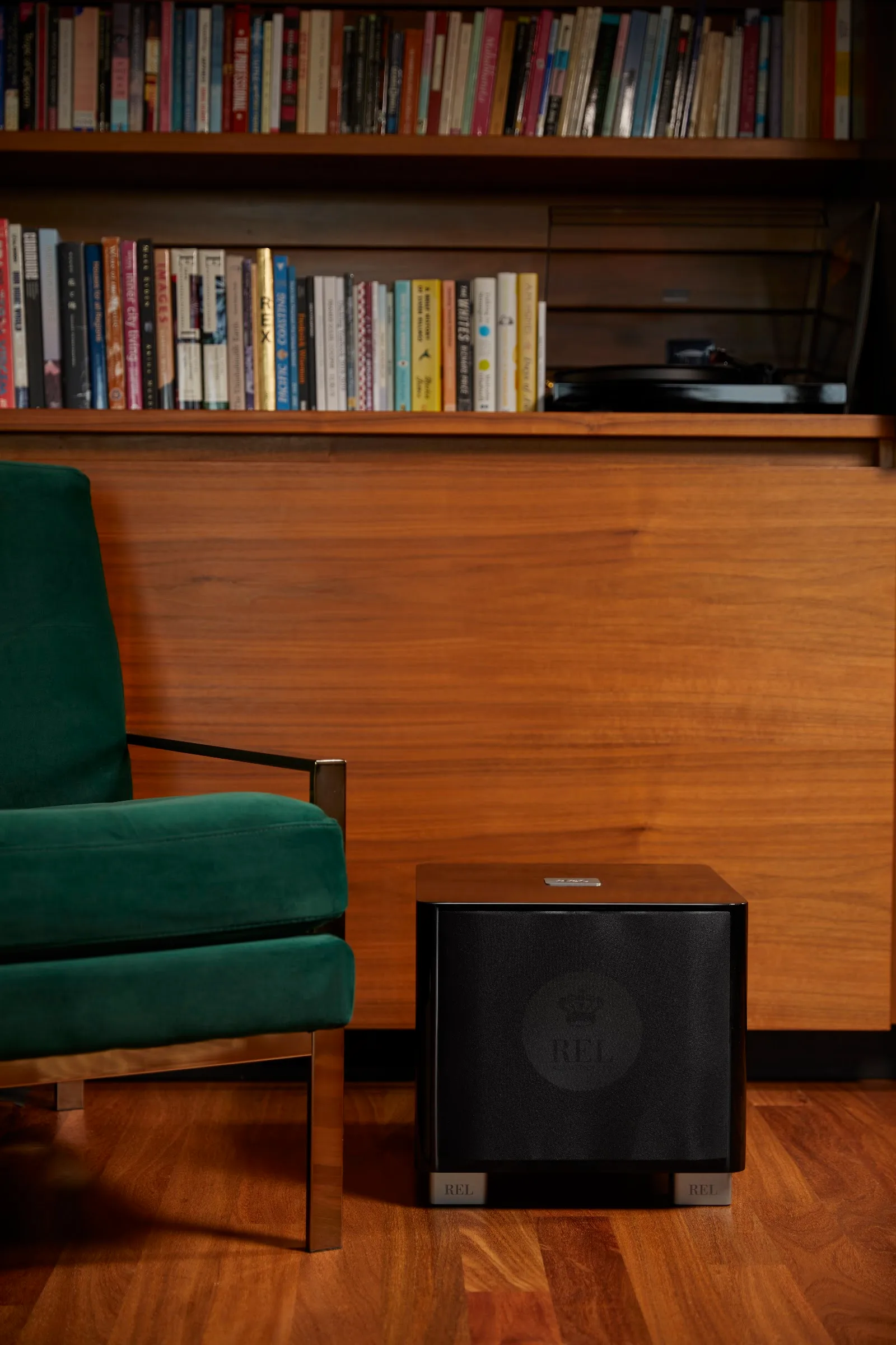 REL T/9x subwoofer in a library listening room