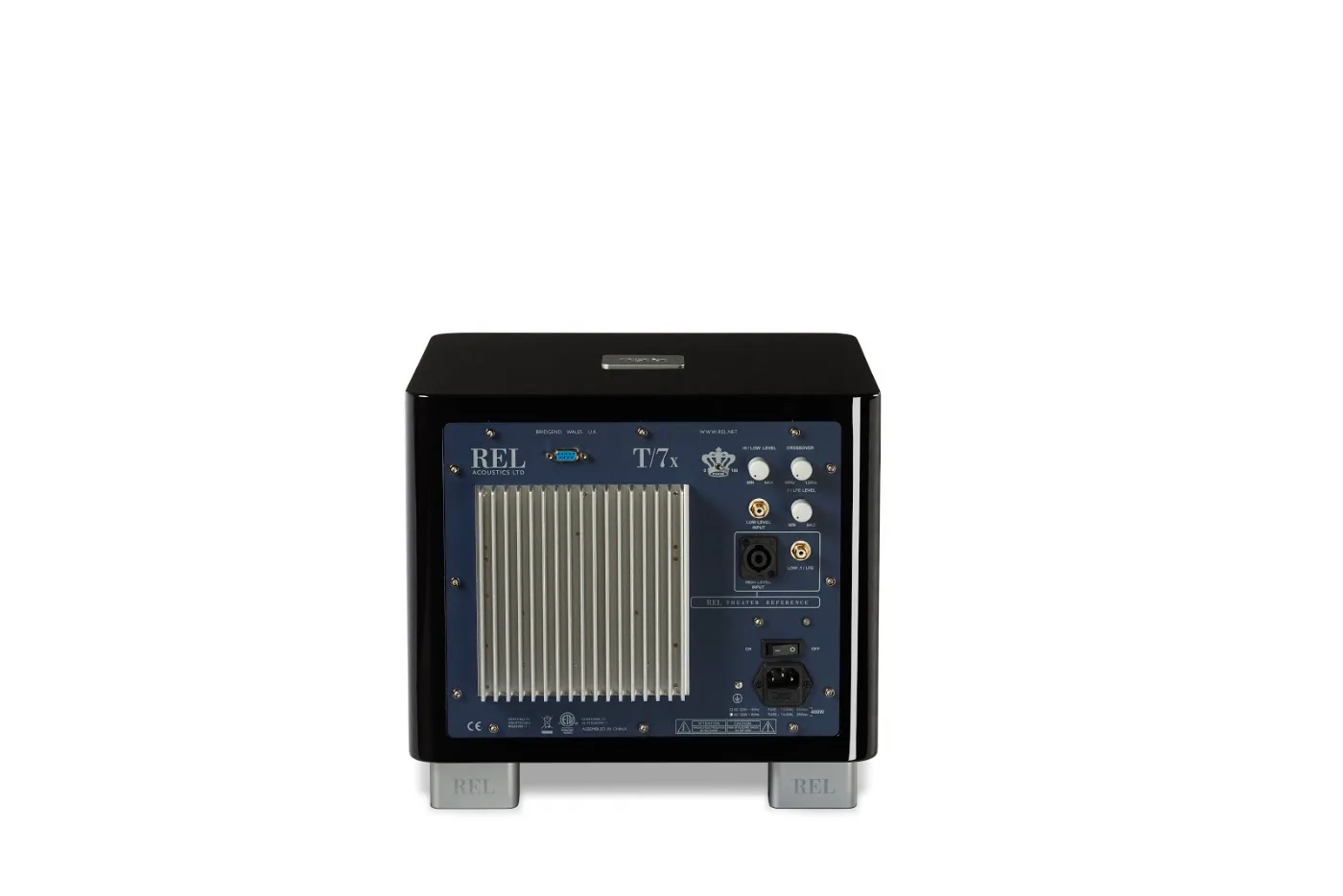 REL T/7x rear panel showing the Neutrik Speakon high-level and LFE inputs