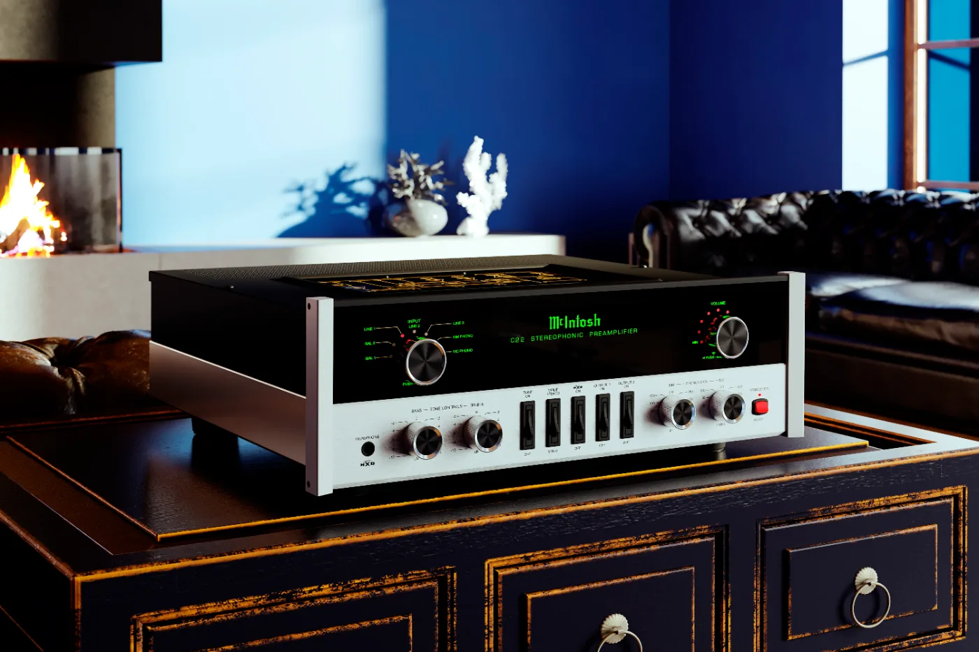 McIntosh C22 Mk V preamplifier, shown in a room setting
