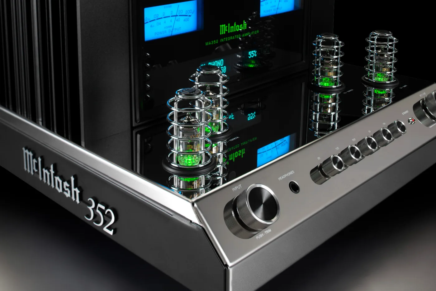 McIntosh MA352 integrated amplifier, close-up detail, Left Angle