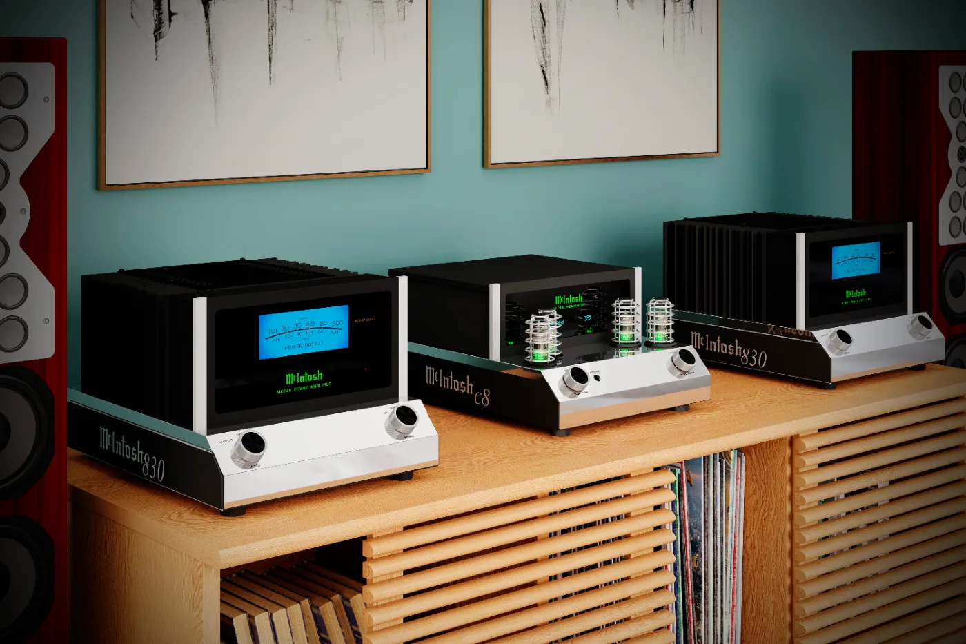 McIntosh C8 preamplifier, shown in a room setting, with MC830
