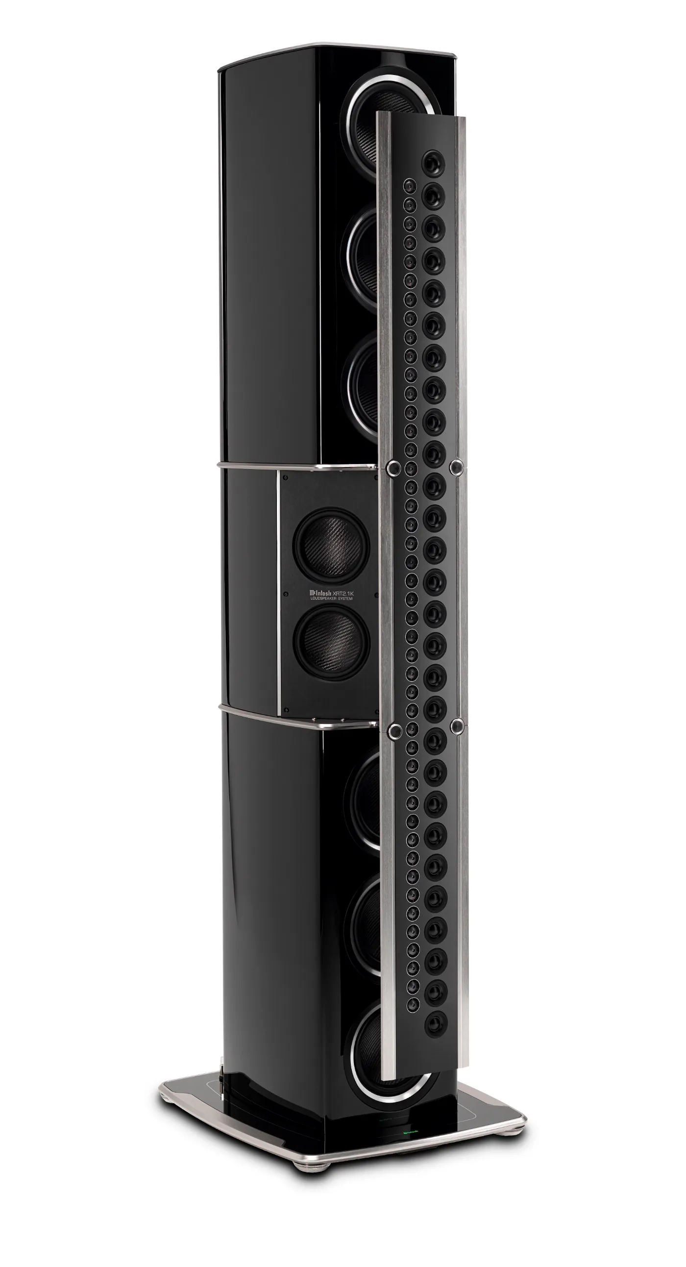 McIntosh XRT2.1K floorstanding loudspeaker, three-quarter view, right speaker of the pair