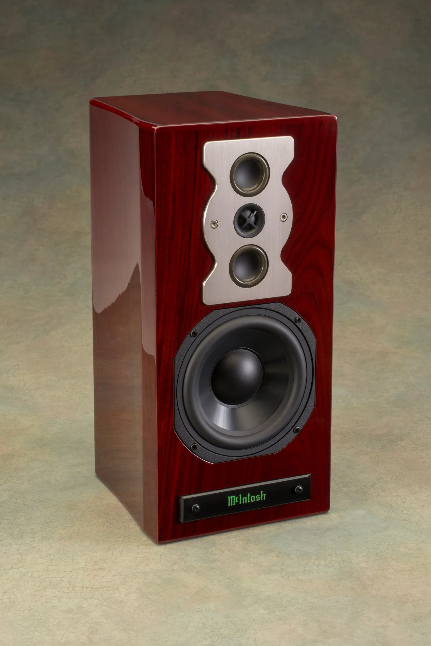 McIntosh XR50 bookshelf loudspeaker, three-quarter view from the right, grille removed