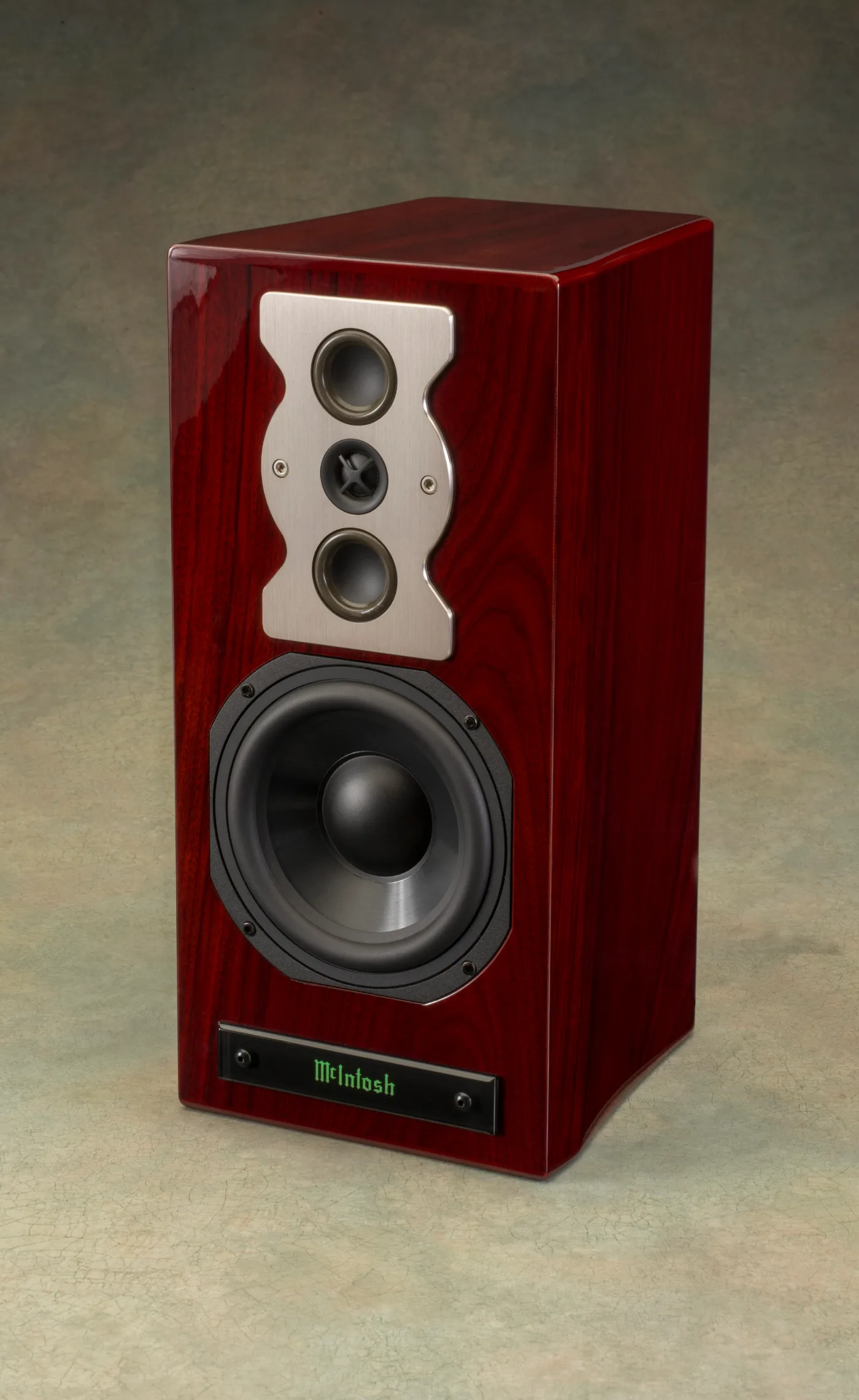 McIntosh XR50 bookshelf loudspeaker, three-quarter view from the left, grille removed