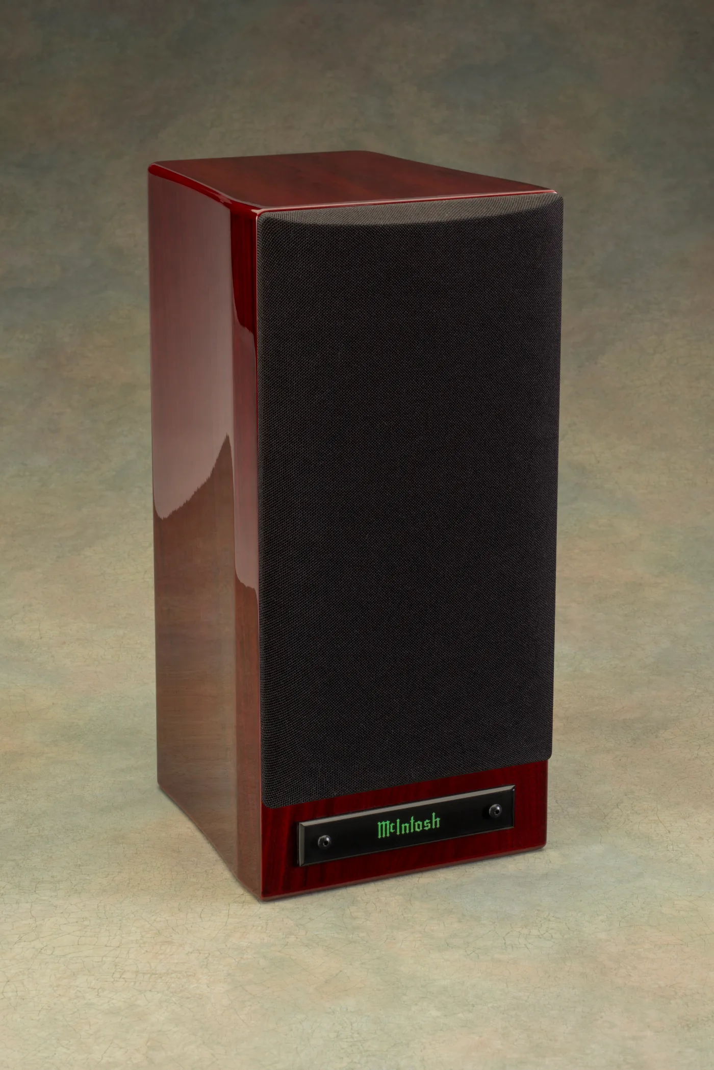 McIntosh XR50 bookshelf loudspeaker, three-quarter view from the right, grille fitted